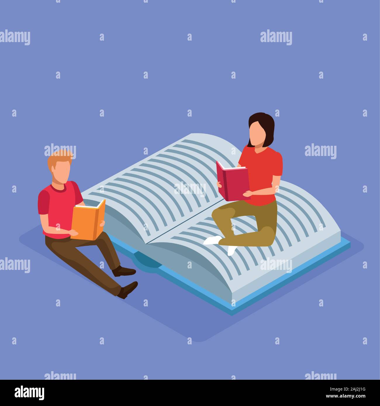 isometric design of big book and woman and man reading books around ...