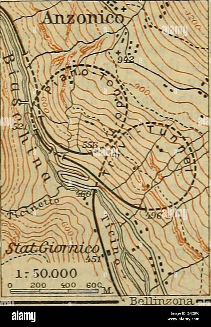 Switzerland ; and the adjacent portions of Italy, Savoy and Tyrol ; handbook for travellers . to a lower re-gion of the valley. At Dazio Grande(3110) the railway crosses the Ticino,and after being carried through twoshort tunnels and the Freggio SpiralTunnel (1712 yds.), it emerges inthe Piottino Ravine, 118 lowerdown. It then recrosses the Ticino(fine scenery), passes through theMonte Piottino and Par dorea Tun-nels, and descends 118 more by meansof the Prato Spiral Tunnel (1711yds.). Finally,, beyond the short Buscierina Tunnel, opens thefertile valley of Faido. The Ticino is crossed by the Stock Photo