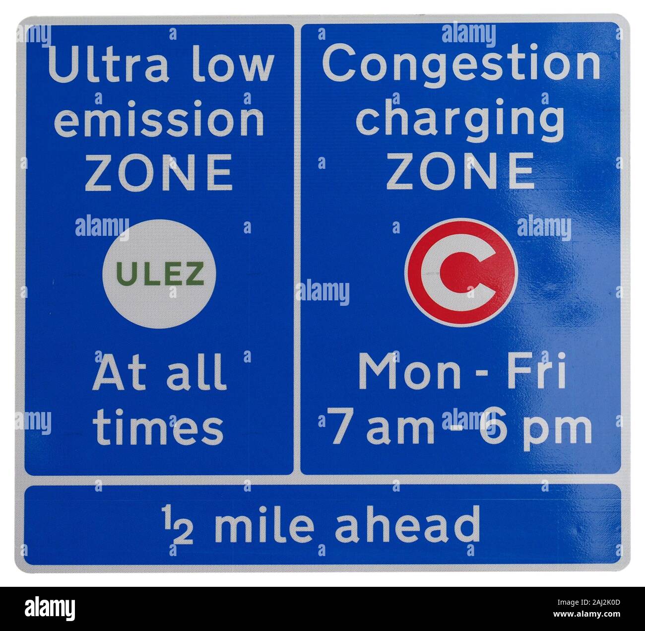 ULEZ (Ultra low emission zone at all times) and C (Congestion charging zone) signs in London, UK isolated over white background Stock Photo