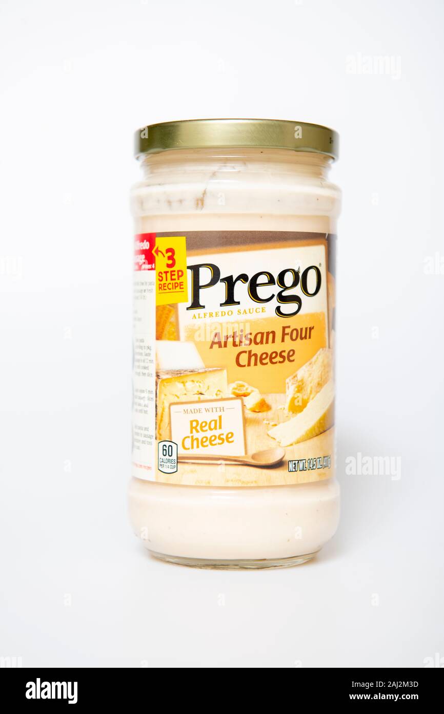 Food Prego Alfredo pasta sauce Artisan Four Cheese flavor jar Stock Photo
