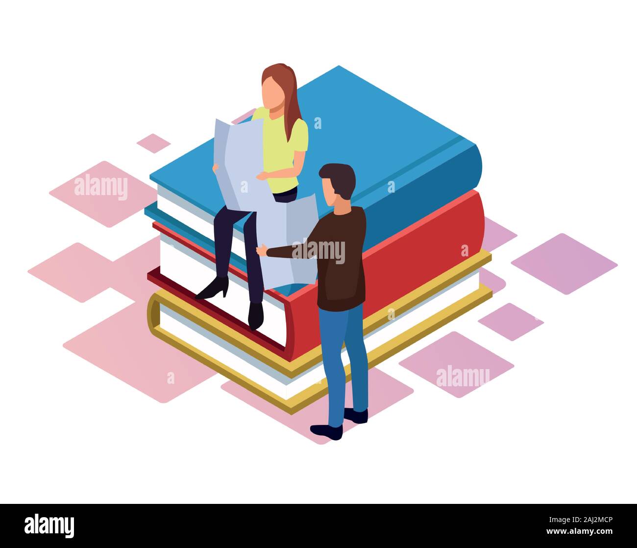 isometric design of woman and man reading newspaper around stack of ...