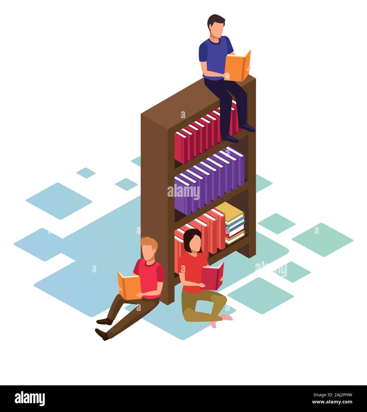 isometric design of people reading books around of bookshelf Stock ...