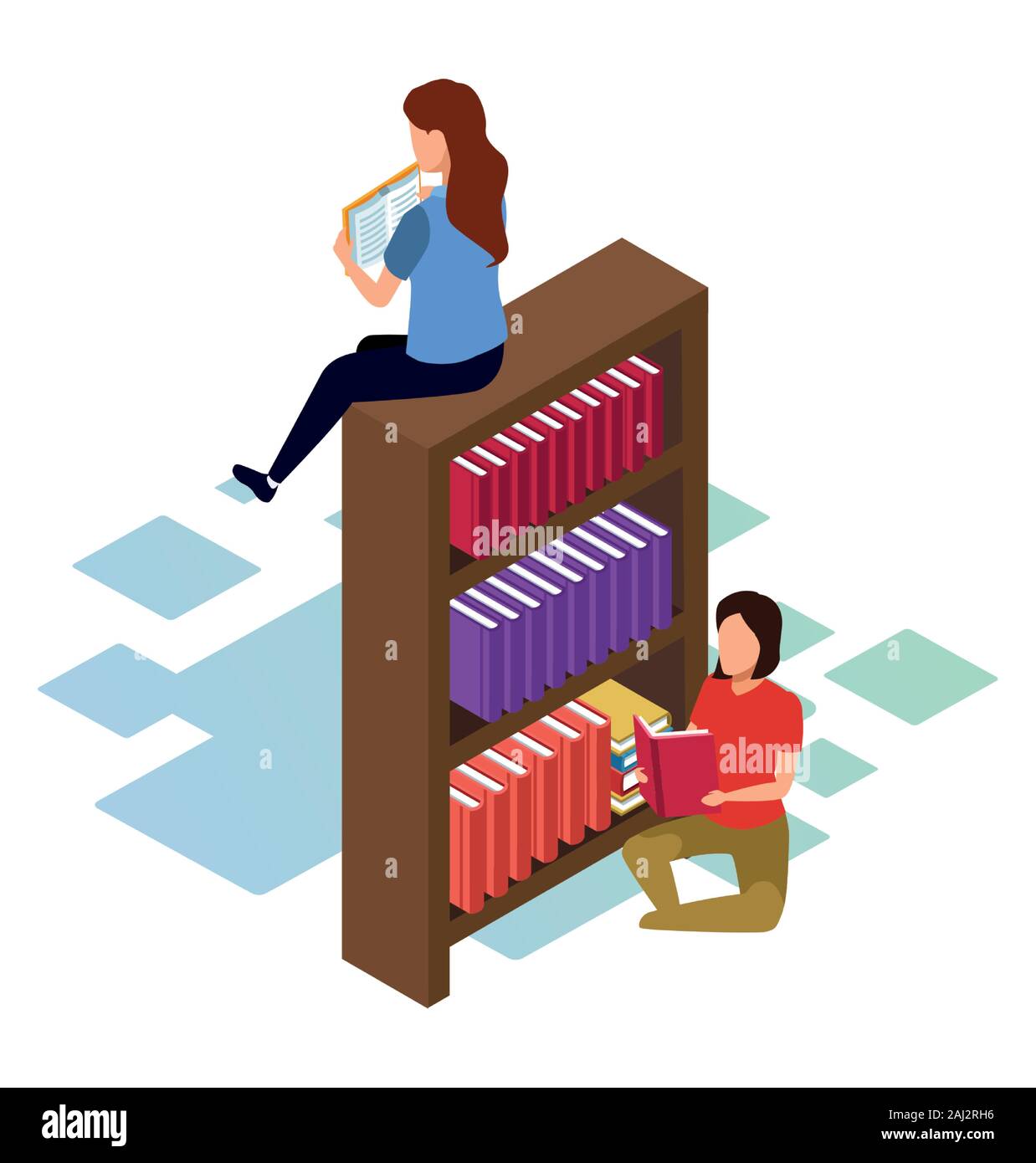 isometric design of women reading books and sitting around of bookshelf ...