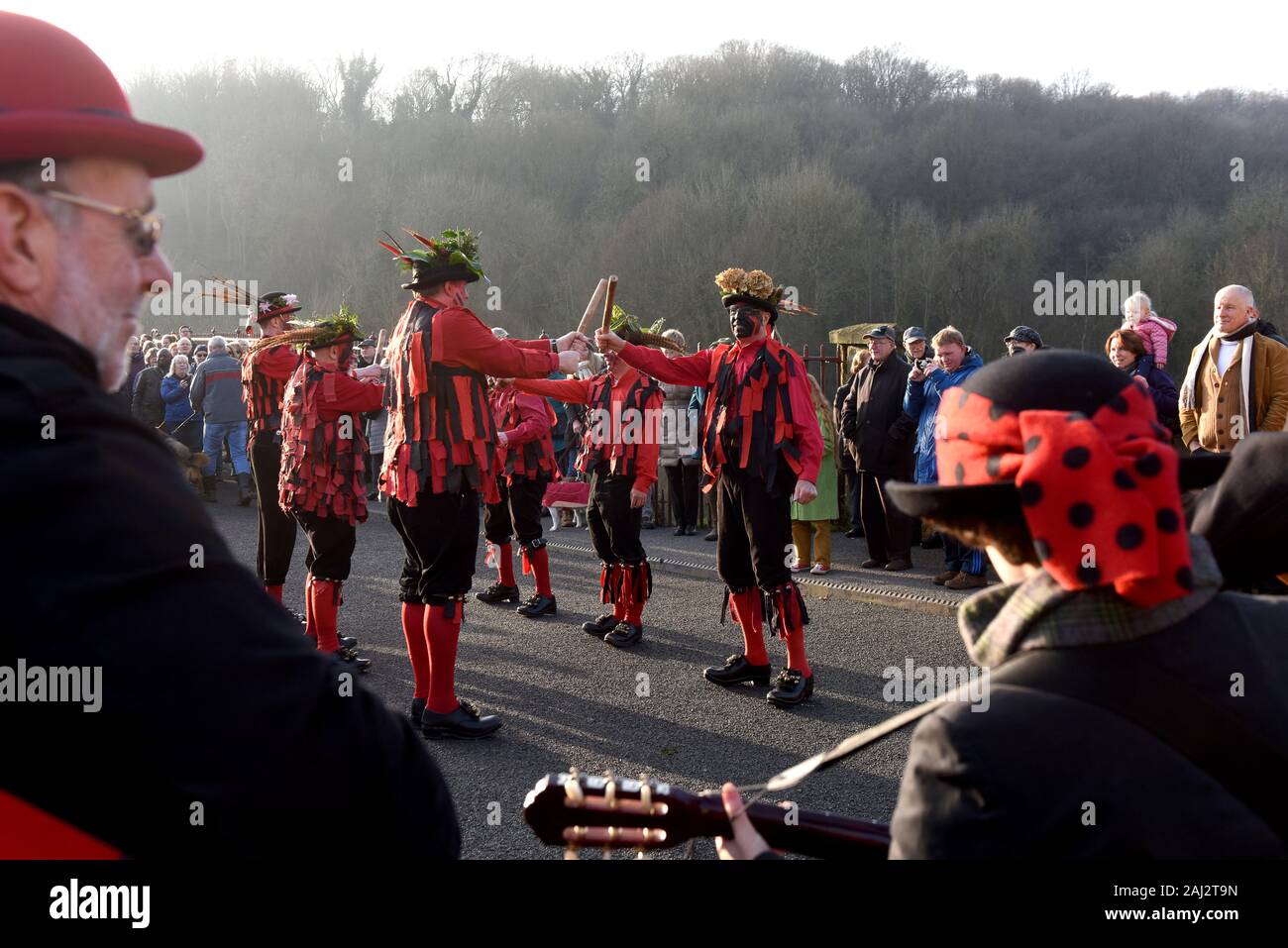 The Ironmen & Severn Gilders dancing on the Ironbridge in Shropshire New Years Day 20202 Stock Photo