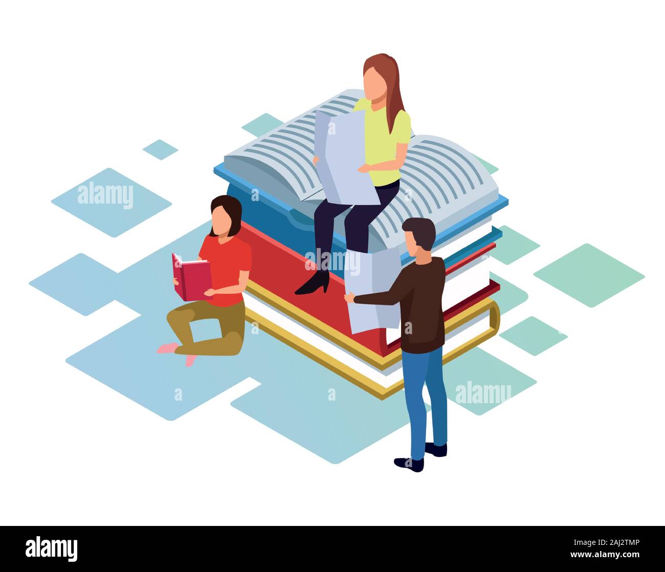 isometric design of people reading around of stack of books Stock ...