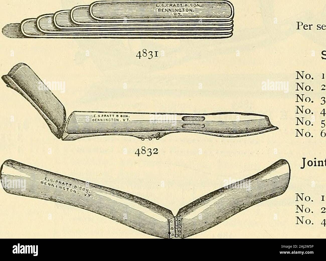 Catalogue of Sharp & Smith : importers, manufacturers, wholesale and retail dealers in surgical instruments, deformity apparatus, artificial limbs, artificial eyes, elastic stockings, trusses, crutches, supporters, galvanic and faradic batteries, etc., surgeons' appliances of every description . 4829Joint Arm Splint.—With Screw. No. I |i 50 No. 2 I 70 No. 3 I 85 4830Condyle and Humerus Splint. No. I $0 60 No. 2 , o 80 No. 3 o 95 784 SHARP & SMITH, CHICAGO. SPLINTS. DAYS OR PRATTS CARVED WOOD. Dressing Splints.Per set of five $ 40. Squires Forearm Splint. No.No. No.No.No.No. COID20 304050 Joint Stock Photo