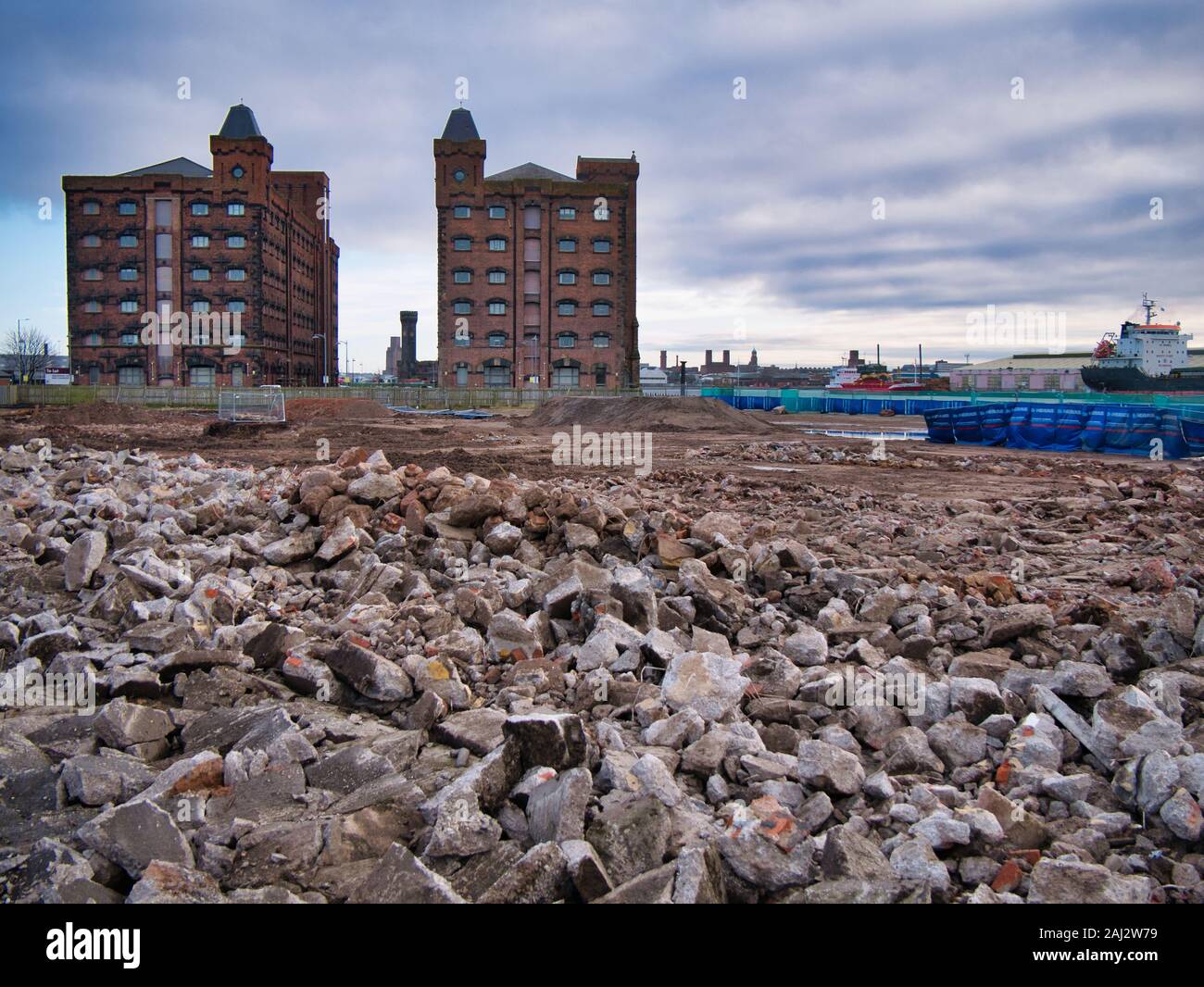 Concrete rubble at the cleared site of the Wirral Waters development in Birkenhead, Wirral - a large inner city redevelopment project Stock Photo