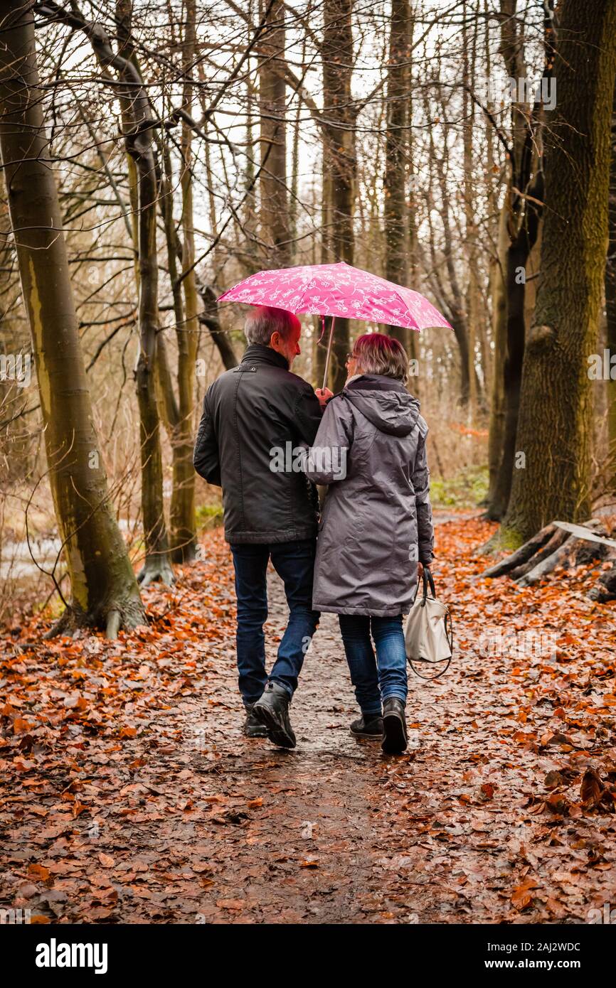 Senior couple enjoying a walk in a european autumn forest with coats and pink umbrella; concept active healthy seniors Stock Photo