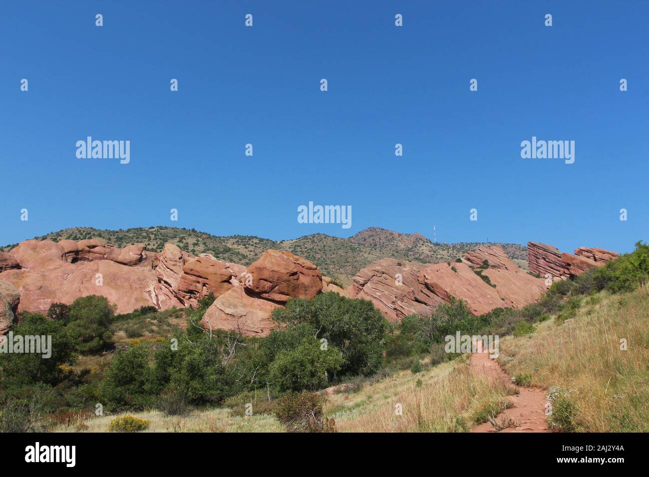 Red Rocks Yard Large red rock formations with trees, shrubs and grasses growing on and ...