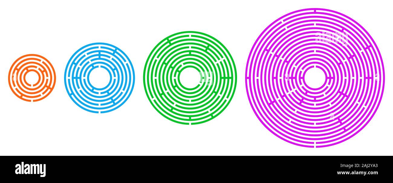 Four colored circular mazes in different sizes. Radial labyrinths in orange, blue, green and pink color on white background. Stock Photo