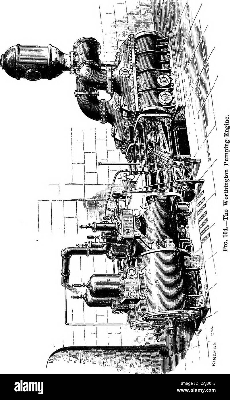 A history of the growth of the steam-engine . condenser, C. The valves, NM, are moved by the valve-gear, X, which is actuated by the piston-rod of a similarpair of cylinders placed by the side of the first. These 334 THE STEAM-ENGINE OF TO-DAY. valves are balanced, and the balance-plates, Ji Q, are sus-pended from the rods, 0 P, which allow them to move withthe valves. By connecting the valves of each engine with. STATIONARY ENGINES. 335 the piston-rod of the oth^r, it is seen that the two enginesmust work alternately, the one making a stroke while theother is still, and then itself stoppiag a Stock Photo