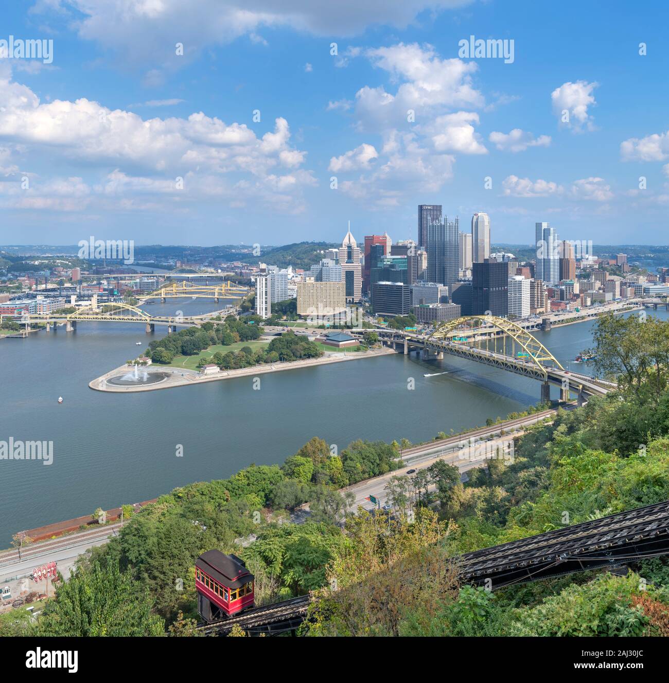 Aerial view of the downtown skyline from the top of the Duquesne Incline funicular, Pittsburgh, Pennsylvania, USA Stock Photo