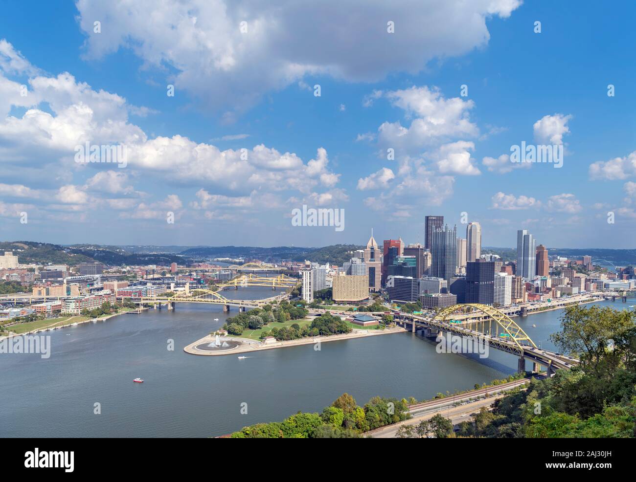 Aerial view of downtown skyline from the top of Duquesne Incline funicular with Fort Duquesne Bridge in foreground, Pittsburgh, Pennsylvania, USA Stock Photo