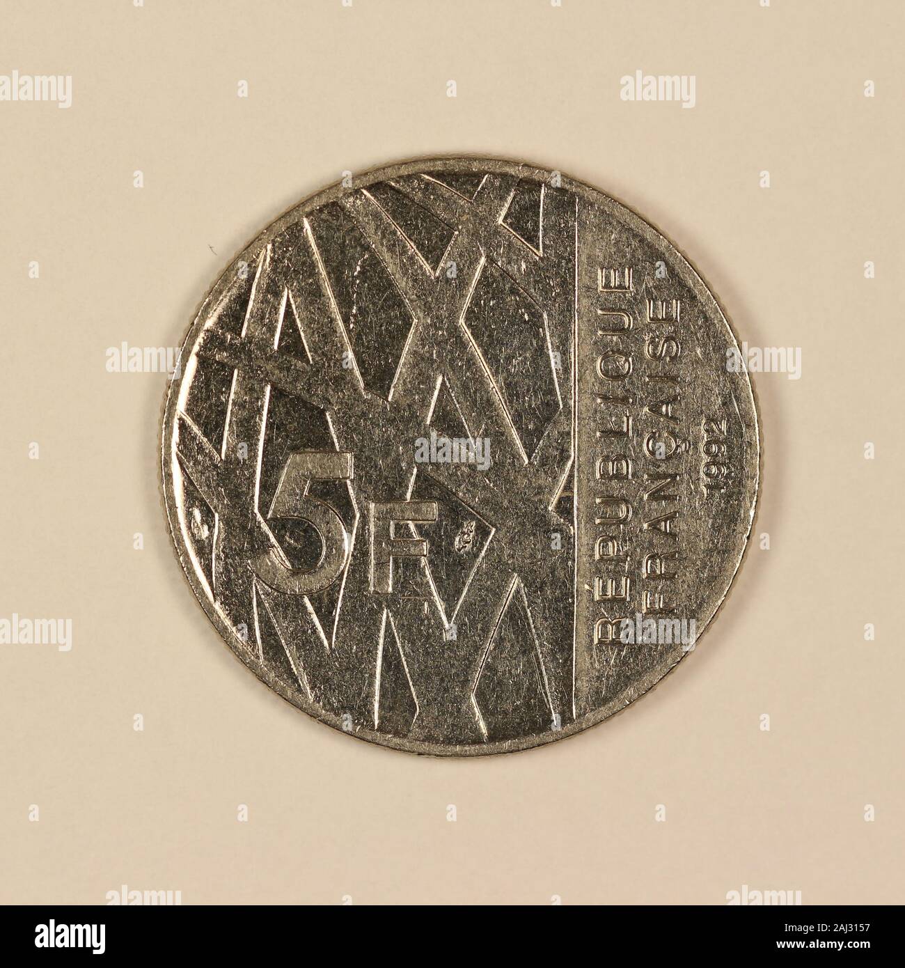 Vorderseite einer ehemaligen 5 Francs Münze Stock Photo