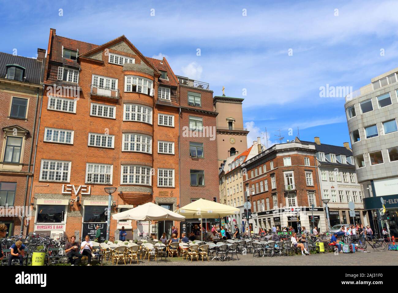 View of Gammeltorv-the Old Market-the oldest square with the Caritas Well-the Renaissance fountainin Copenhagen Stock Photo