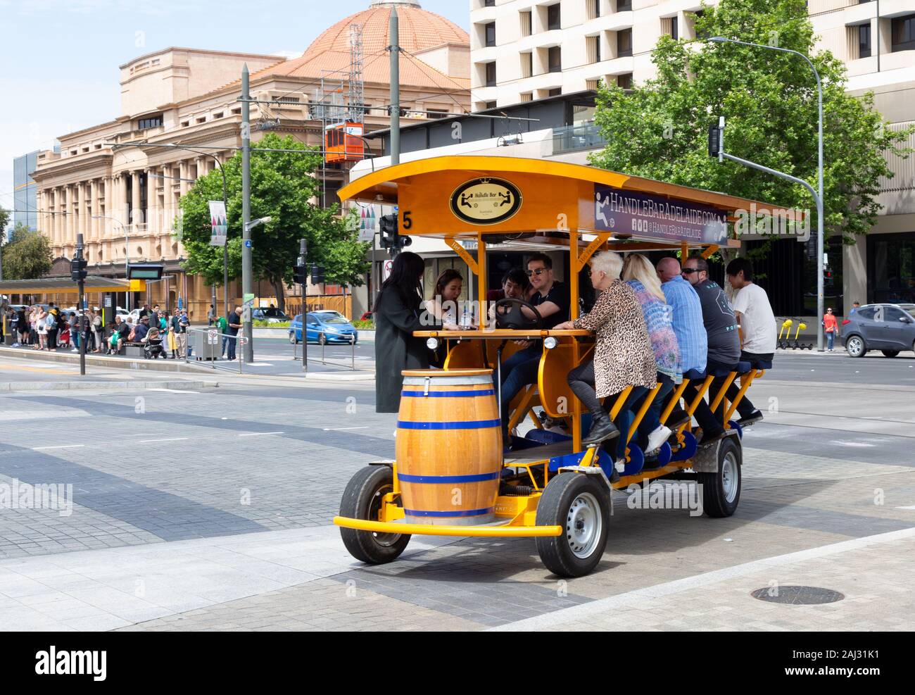 Adelaide tourism - the Handlebar taxi, which tourists pedal around Adelaide whilst having a drink from a bar; Adelaide Australia Stock Photo