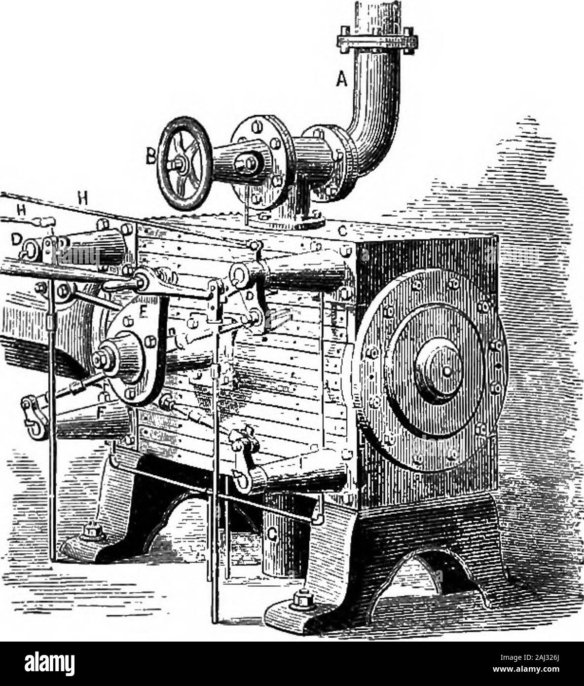 A history of the growth of the steam-engine . Fig. 97.—Corliss Engine. horizontal steam-cylinder is bolted firmly to the end of theframe, which is so formed as to transmit the strain to themain journal with the greatest directness. The frame car-ries the guides for the cross-head, which are both in thesame vertical plane. The valves are four in number, asteam and an exhaust valve being placed at each end of theeteam-cylinder. Short steam-passages are thus secured, and 320 THE STEAM-ENGINE OP TO-DAT. this dimimition of clearance is a source of some economy.Both sets of valves are driven by an e Stock Photo