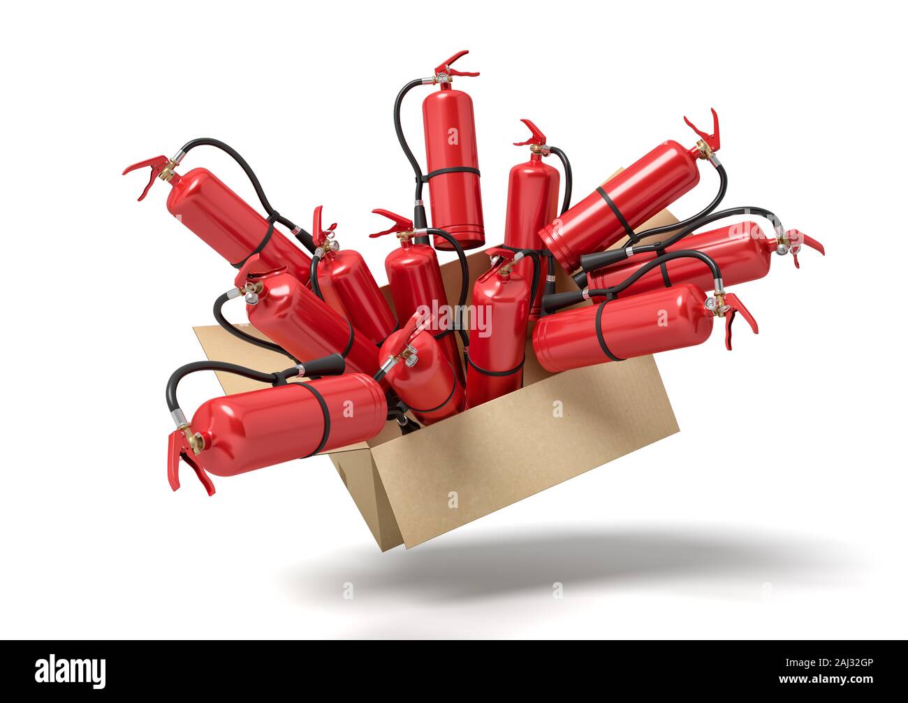3d rendering of cardboard box in air full of red fire extinguishers which are popping out. Fire safety. Fire safety equipment. Well-equipped and ready Stock Photo