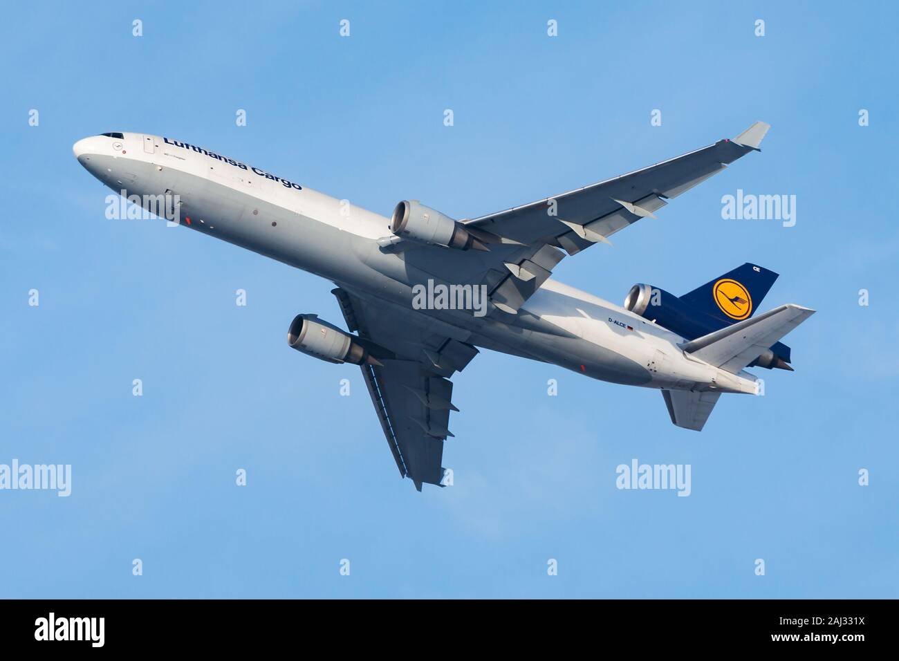 FRANKFURT / GERMANY - DECEMBER 8, 2012: Lufthansa Cargo MD-11 D-ALCE cargo plane departure at Frankfurt Airport Stock Photo