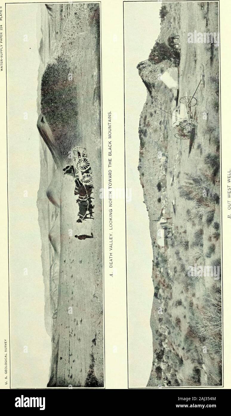 Water Supply and Irrigation Papers of the United States Geological Survey . Normally it receives only theoccasional overflow from distributaries of this river, but in 1904the Colorado was largely diverted to it, and only recently (1907)has that river been confined to its proper channel. The sink, there-fore, is now partially filled by a lake with an area of nearly 500square miles, which will probably not dry away completely for fif-teen or twenty years. A GREAT TROUGH. The most important sinks of the desert form a more or less con-tinuous group along a northwest-southeast line, which may be sp Stock Photo