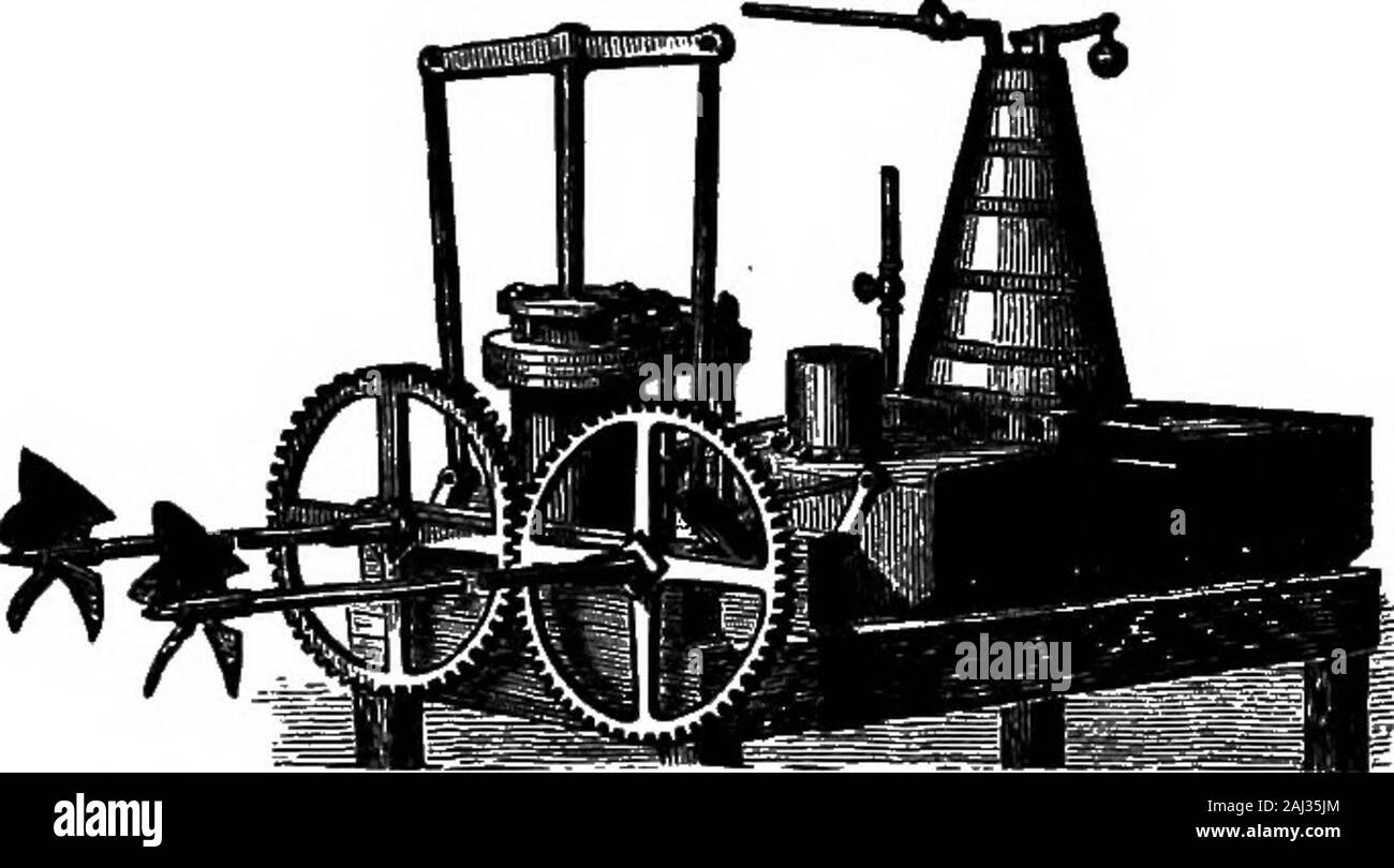 A history of the growth of the steam-engine . Fig. 83.—Section of Steam-Boilcr, 1S04. known as sectional boilers, and contained 100 tubes 2 inchesin diameter and 18 inches long, each fastened at one end toa central water-leg and steam-drum, and plugged at theother end. The flames from the furnace passed around andamong the tubes, the water being inside them. The engine(Fig. 84) was a direct-acting high-pressure condensing en-gine, having a 10-inch cylinder, 2 feet stroke of piston, anddrove a screw having four blades, and of a form which, evento-day, appears quite good. The whole is a most rem Stock Photo