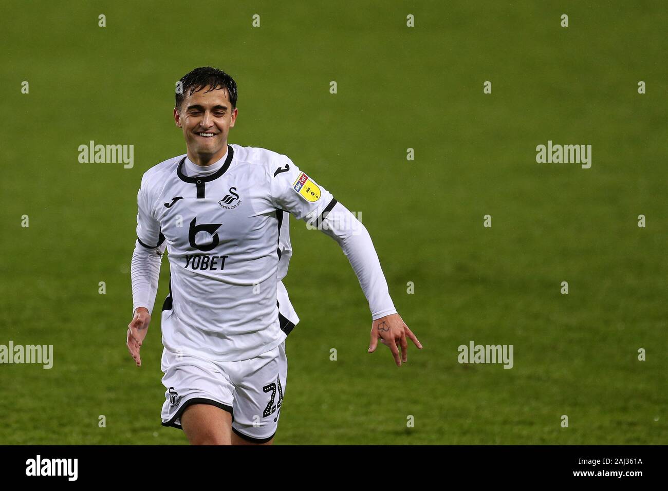 Swansea, UK. 02nd Jan, 2020. Yan Dhanda of Swansea city celebrates after he scores his teams 1st goal. EFL Skybet championship match, Swansea city v Charlton Athletic at the Liberty Stadium in Swansea, South Wales on Thursday 2nd January 2020. this image may only be used for Editorial purposes. Editorial use only, license required for commercial use. No use in betting, games or a single club/league/player publications. pic by Andrew Orchard/Andrew Orchard sports photography/Alamy Live news  Stock Photo