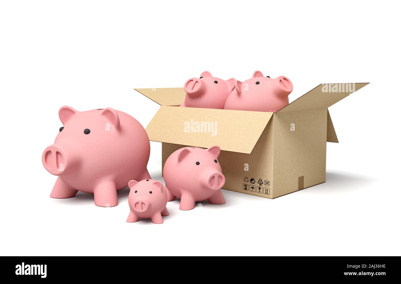 3d Rendering Of Pink Ceramic Piggy Banks In Carton Box Growth Of