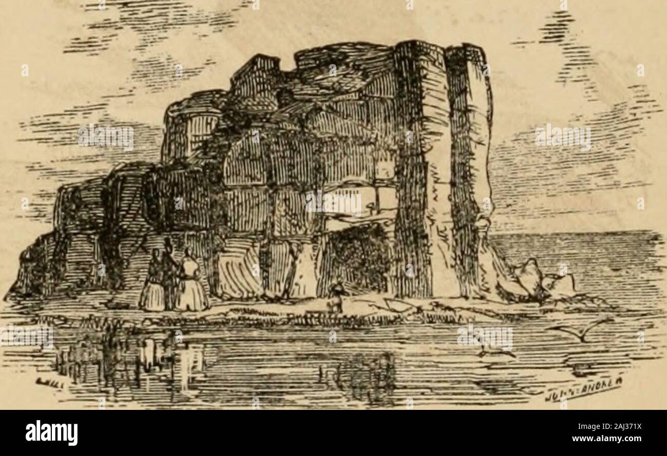 Guide to Boston and vicinity, with maps and engravings . 2i^2. BOSTON AND VICINITY. Stand, Egg Rock rises abruptly from the sea to the hei;ihtof eighty-six feet. Its sliape is oval, and on its summitthe gulls (U[)osit their eggs in abundance, whence it takesits name.* Passing the luox JMi:&gt;K, (a huge black ledge,)we reach Thk Spouting Hokn. Here the water, afterbeing driven through a rocky tunnel one hundred feet inlength into a deejj cavern, is spouted forth in wild sheetsof foam and si)ray, while the Atlantics billows seem tojar the solid rocks with thundering sound, and shake thevery cra Stock Photo