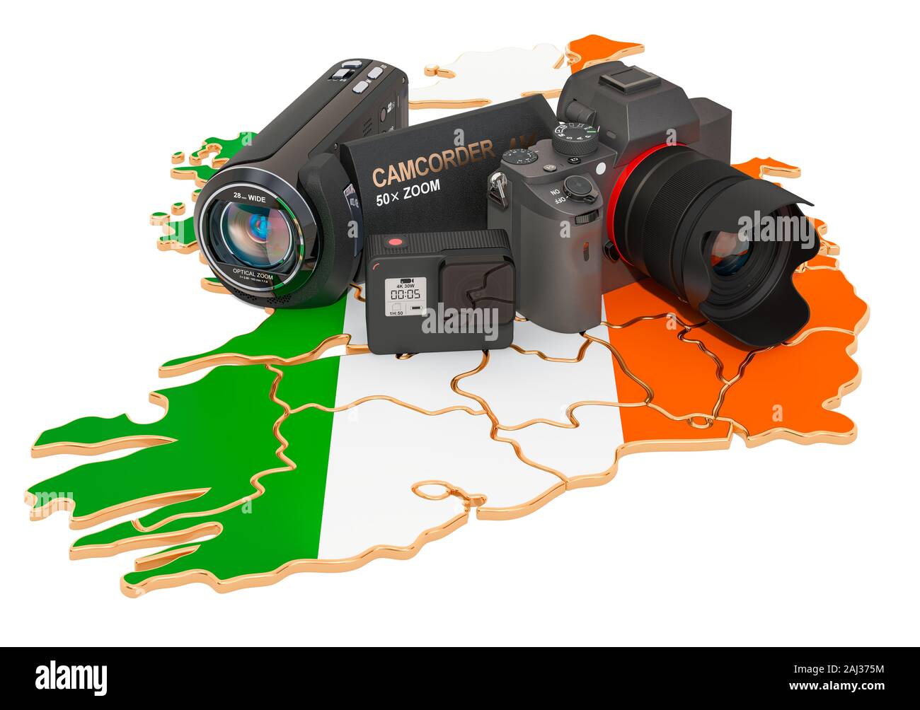 Travel and photo, video shooting in Ireland. Digital camera, camcorder and action  camera on Irish map. 3D rendering isolated on white background Stock Photo  - Alamy
