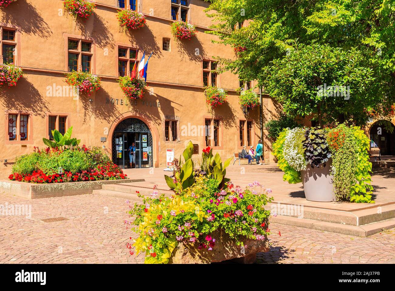 ALSACE WINE REGION, FRANCE - SEP 19, 2019: Square in Kaysersberg picturesque village which is located on Alsatian Wine Route, France. Stock Photo
