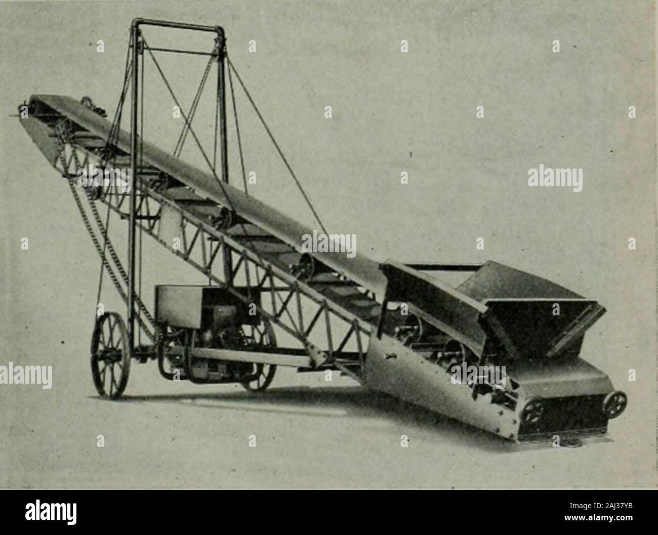 Public works . ctly into wagons or trucks. It hasan endless 18-inch belt with a hopperattached to the lower end, that is sus-pended from a gallows frame mountedon wheels. The belt conveyor is drivenby a sprocket chain operated by a 3 or5-horse power gasoline engine under theconveyor. The conveyor frame, 32 feet long and26 inches wide, is adjustable through anangle of 30 degrees by a worm gear orcrank. Its capacity for gravel or brokenstone is 50 yards per hour and it weighs3,100 pounds. NATIONAL, ROAD OILER The National Road Oiler, manufac-tured by the National Steel ProductsCo., is designed t Stock Photo