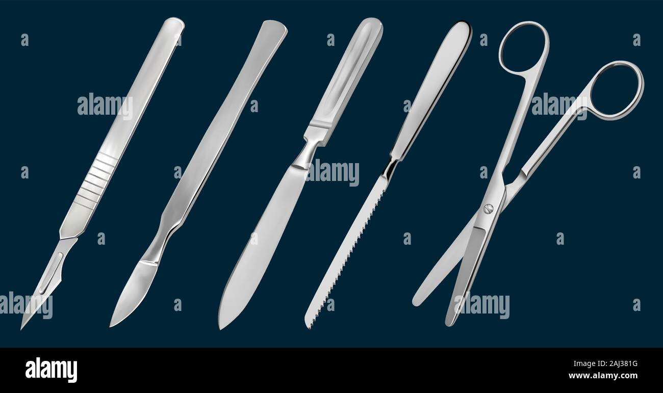 A set of surgical cutting tools. Reusable scalpel, delicate scalpel ...