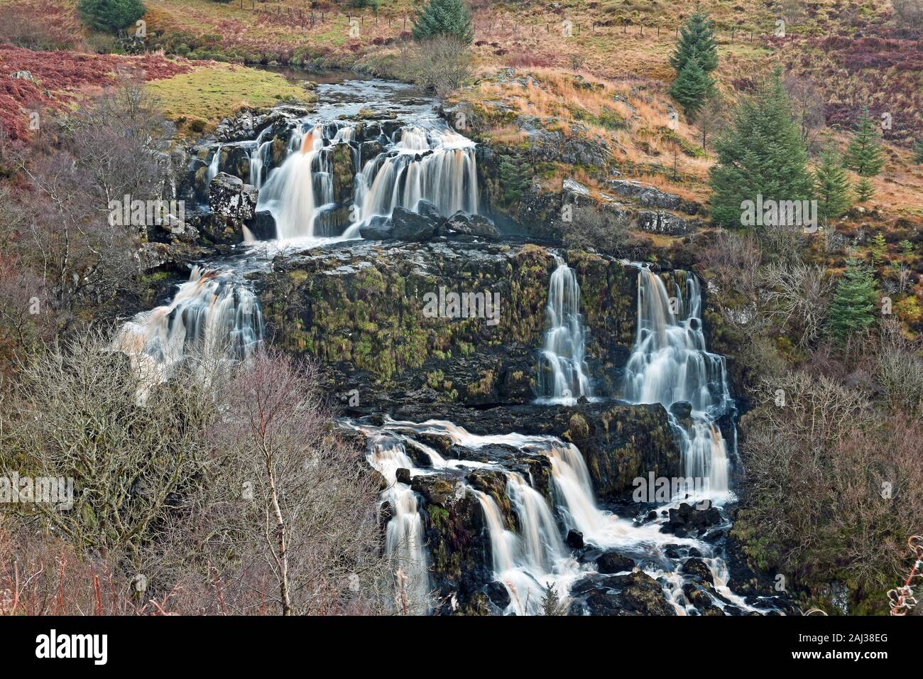 Loup of Fintry waterfall in central Scotland, UK. This is a 95 foot waterfall in 3 main sections. Landscape orientation. Stock Photo