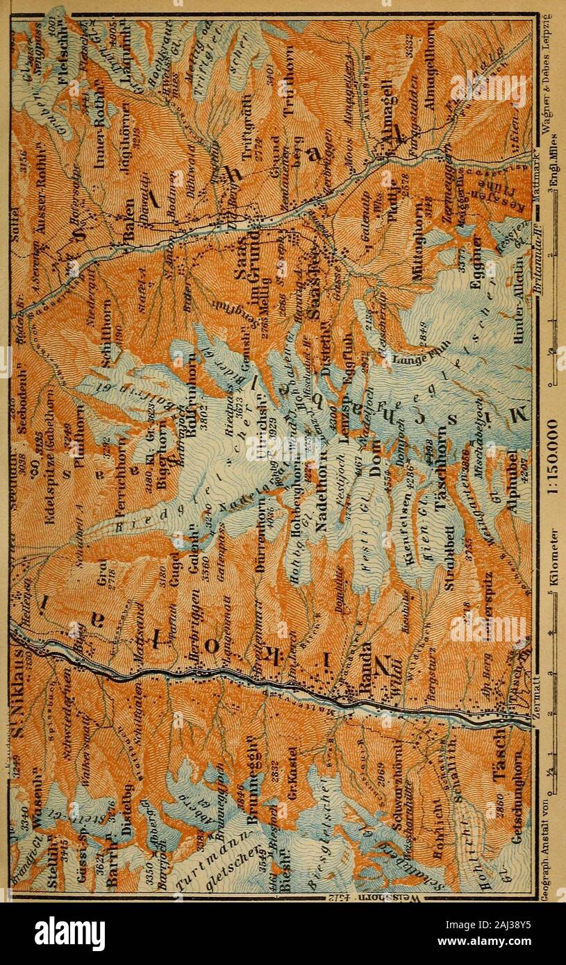Switzerland ; and the adjacent portions of Italy, Savoy and Tyrol ; handbook for travellers . te. Leone.Fletschhorn, Weissmies, and the imposing Mischabel; S., Mte. Rosa, Lys-kamm, Brunnegghorn, Weisshorn, Dent Blanche, etc. The path descends over debris and patches of snow into theAugstbord Valley. We then skirt the Steintalgrat, to the right,where soon (ca. 8060) opens a magnificent ^Panorama: to the leftthe Bietschhorn, Aletsch Glacier, Ticino Alps, and Monte Leone;straight on the Bied Glacier and the Mischabel, then the Lyskamm,Zwillinge, Breithorn. Little Matterhorn, Brunnegghorn, and Wei Stock Photo