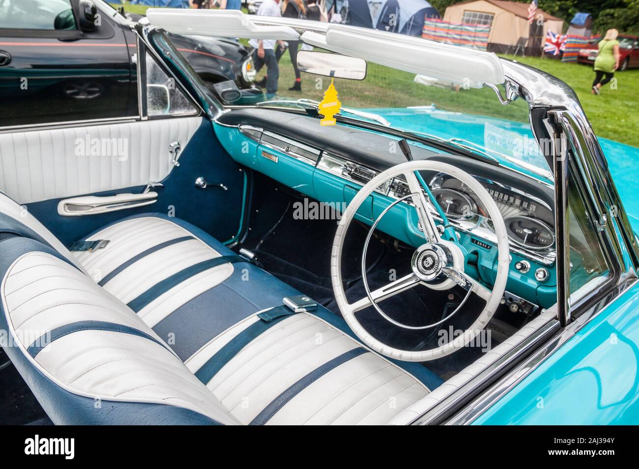 interior of vintage blue 1964 convertible Ford Galaxy 500 at Stars & Stripes American Classic car show Stock Photo