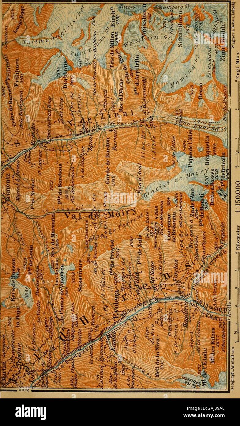 Switzerland ; and the adjacent portions of Italy, Savoy and Tyrol ; handbook for travellers . -Praz (7085), inthe Val de Moiry or Val de Torrent, watered by the Gougra. Zinal (p. 408) may be reached from this point in 3/L. hrs. (instead of bythe usual route via Grimentz, see p. 407) by remounting the E. slope ofthe valley and crossing the (2 hrs.) Col de Sorebois (9269). From the* Come de Sorebois (9590), V4hr. to the N. of the pass, we obtain a splendidview of the Weisshorn, Rothorn, Gabelhorn, Dent Blanche, etc. Descentby an easy path to the right, via the Singline Alp, or direct, finallythr Stock Photo