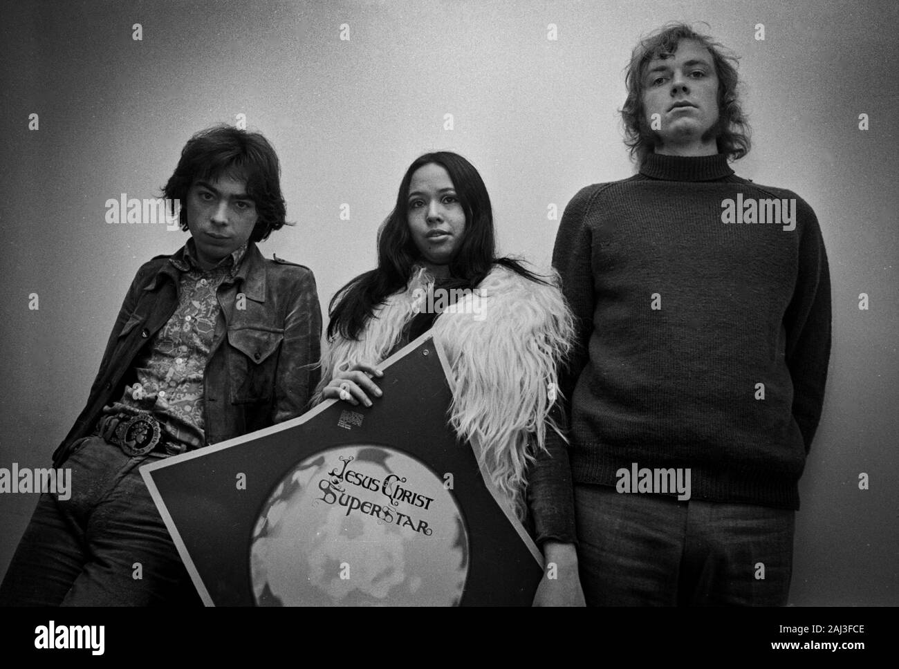 Andrew Loyd Webber, Yvonne Elliman and Tim Rice promoting Jesus Christ Superstar, London, 1970 Stock Photo