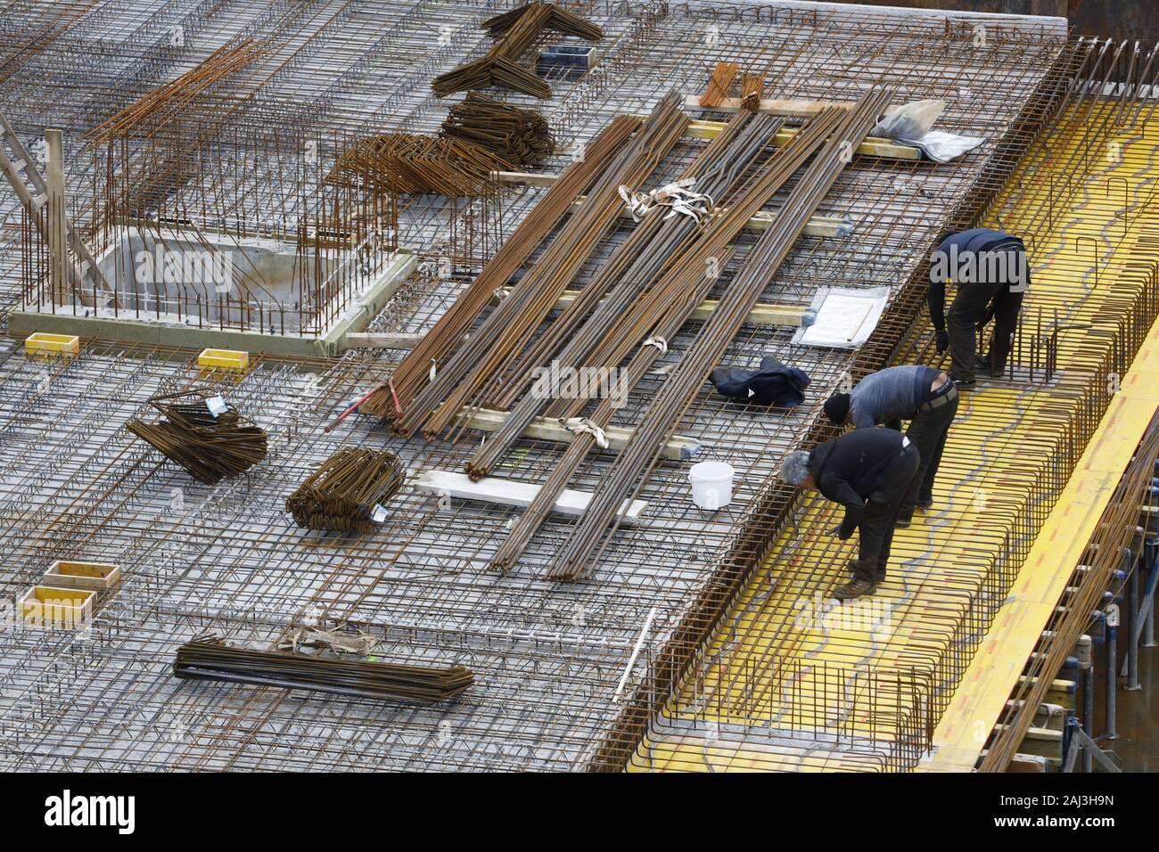 Construction site, reinforced concrete rebar, for a building ceiling