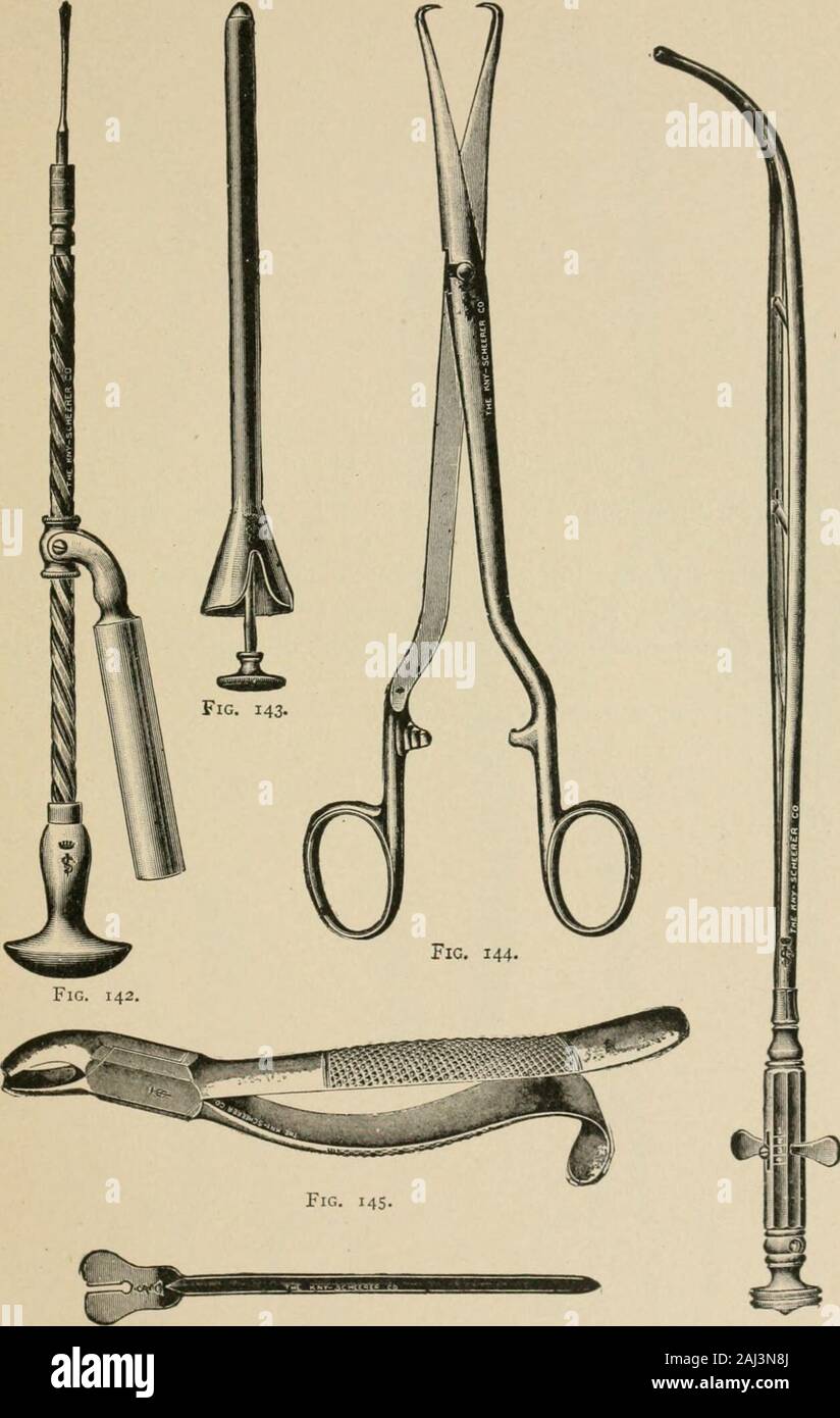 A complete handbook for the sanitary troops of the U S army and navy . Fic. 133. Fic. 13; 212 NURSING Explanation of Figs. 140 to 145. Divulsor, urethral: For rapid dilatation and diviilsion of strictures(Fig. 140). Director: An instrument with a groove in which to guide thepoint of a knife (Fig. 141). Drill, bone- An instrument for boring holes in bone (Fig 142). Endoscope, urethral: For examination of the urethra (Fig. 143). Forceps, bullet: An instrument with separate blades used forextracting bullets (Fig. 144). Forceps, dental: An instrumerrt used for extracting teeth (Fig. M5). INSTRUMEN Stock Photo