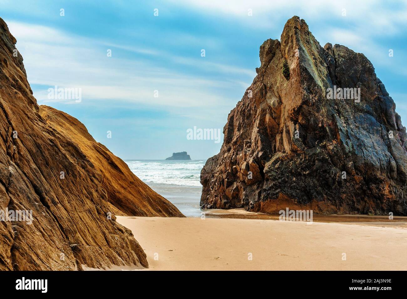 Intertidal rocks exposed at low tide along the coast of Oregon in the ...