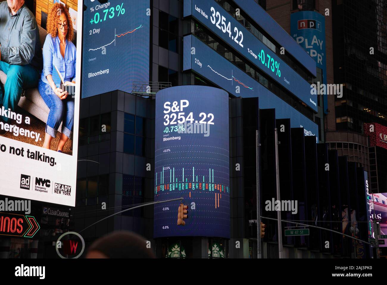 NOVA IORQUE, NY - 02.01.2020: BOLSAS AMERICANAS ABREM O ANO EM ALTA - Chart  shows American Stock Exchange S&amp;P index in Times Square, Midtown  Manhattan, New York, late Thursday. Stock markets opened