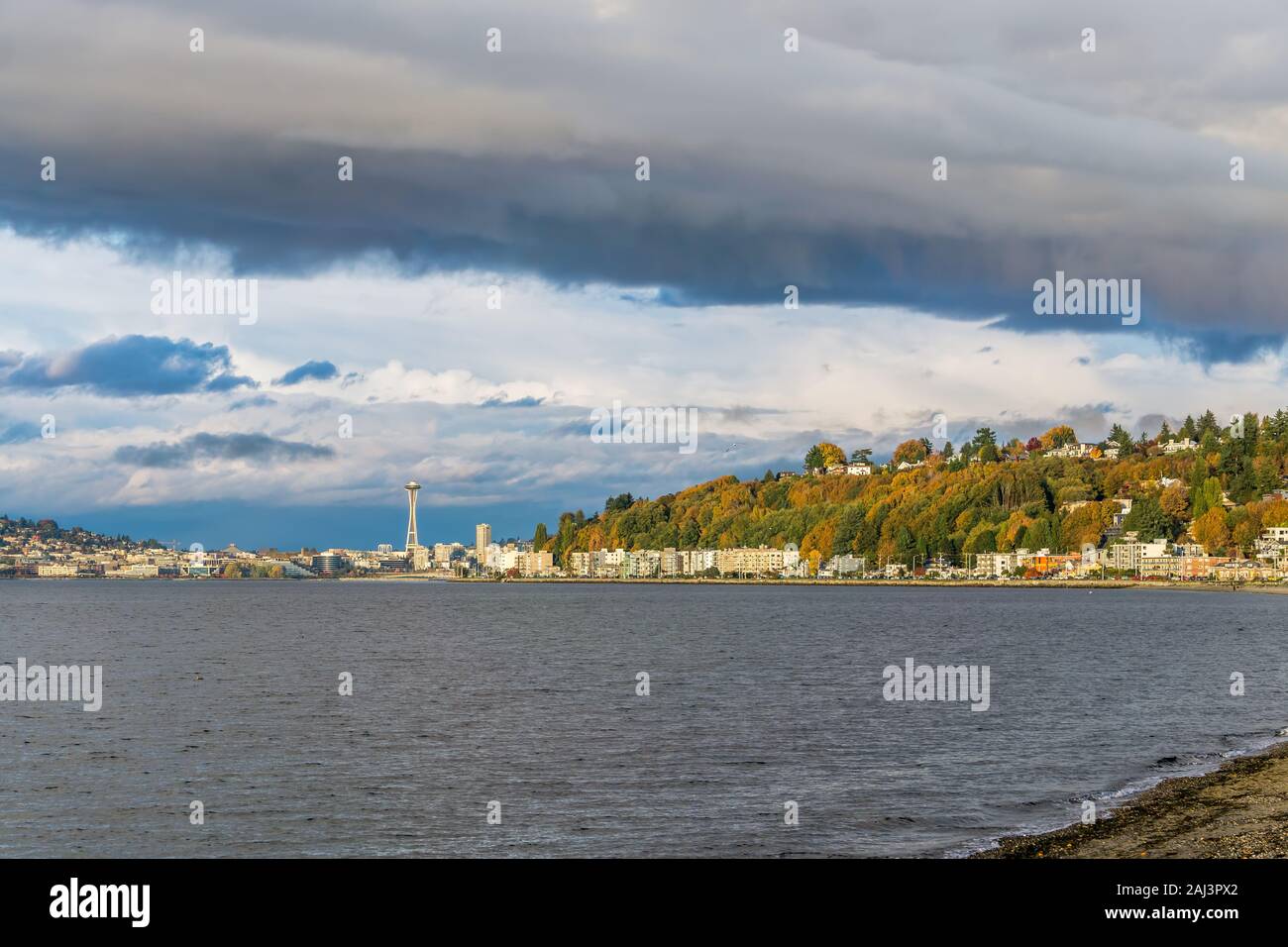A view of condos at Alki Beach and the Seattle skyline Stock Photo Alamy