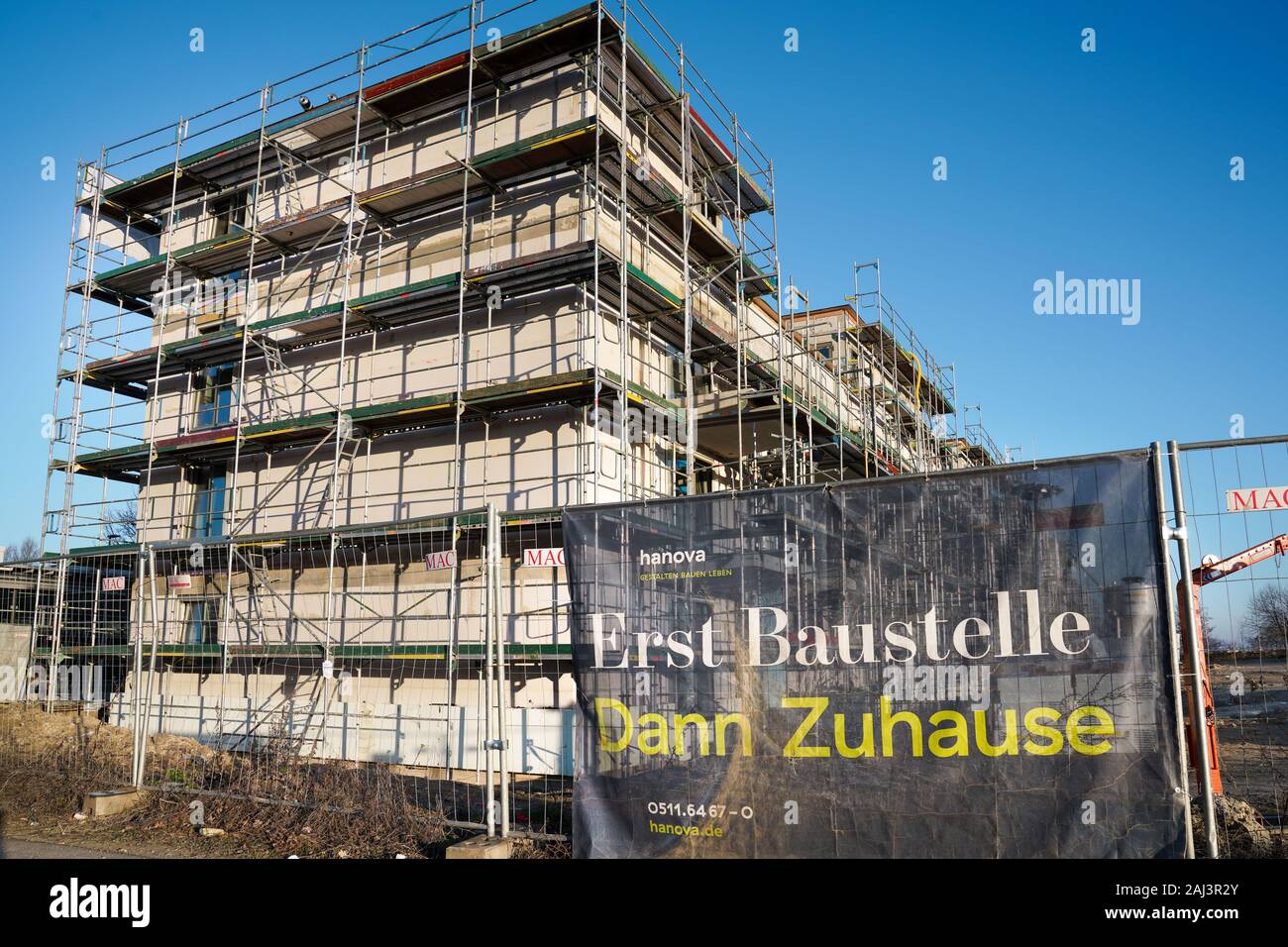 Hannover/Germany, New construction of rental apartments for the hanova housing association in Hanover, Germany. Kronsberg residential district at Oheriedentrift, January 2, 2020. Stock Photo