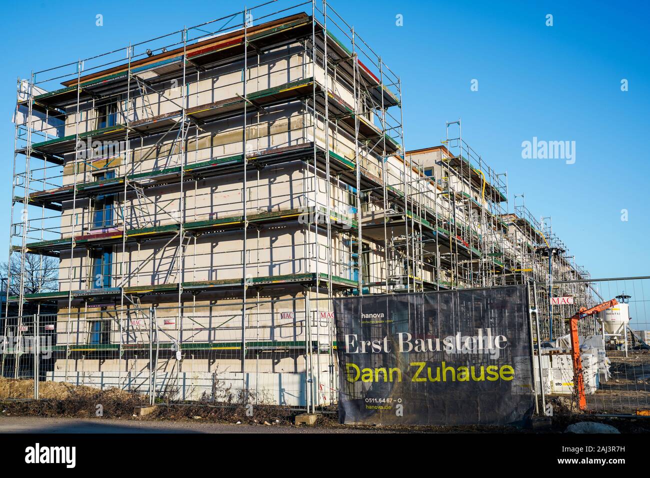Hannover/Germany, New construction of rental apartments for the hanova housing association in Hanover, Germany. Kronsberg residential district at Oheriedentrift, January 2, 2020. Stock Photo