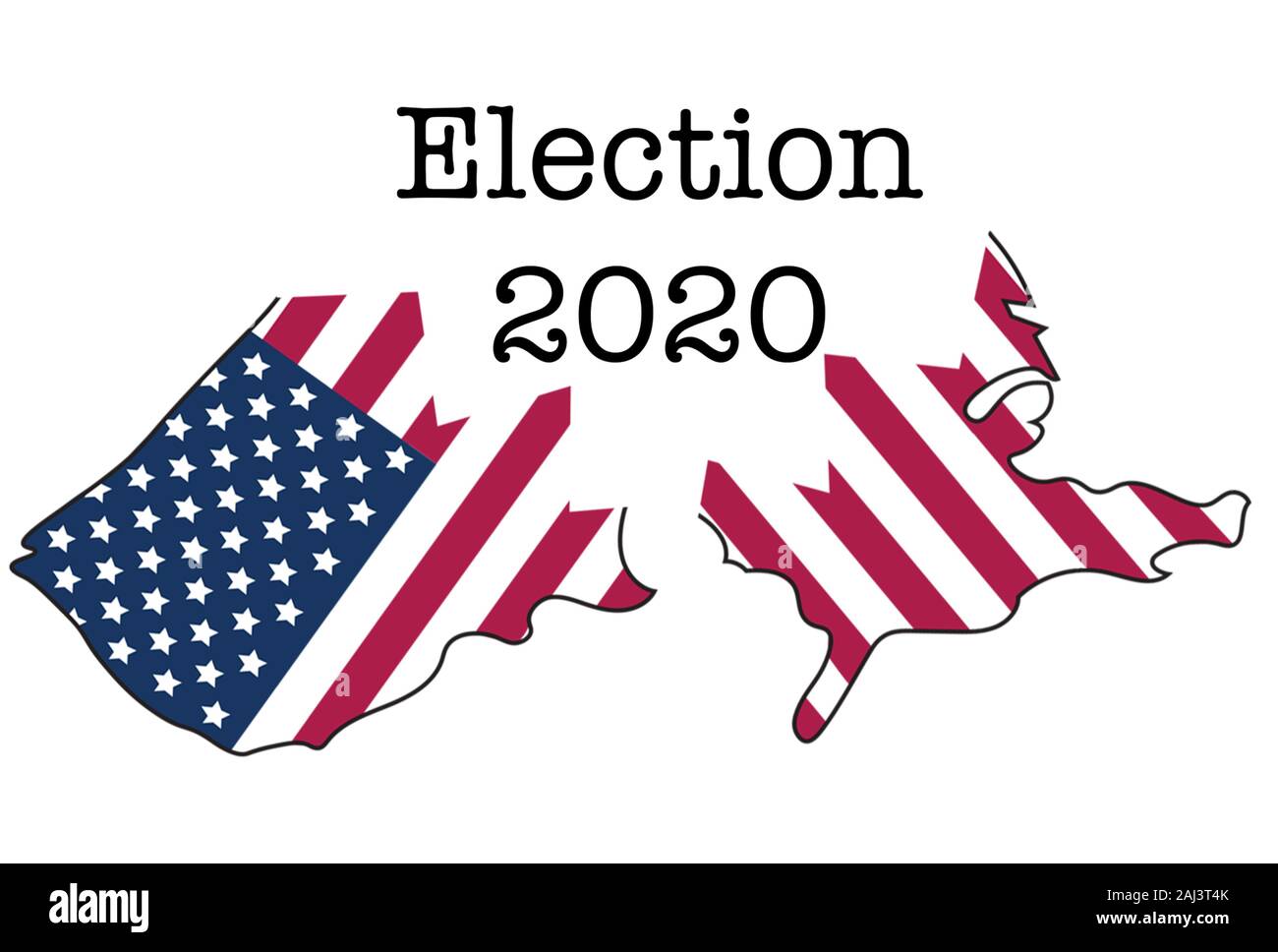 Map of the United States of America with flag broken apart with words Election 2020 on white. Stock Photo