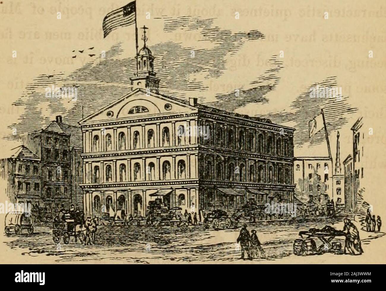 Guide to Boston and vicinity, with maps and engravings . CHAPTER II. PANEUIL HALL. FANEUIL HALL MARKET. CUSTOM HOUSE. — EXCHANGE. — OLD STATE HOUSE.. Faneuil Hall is ofteu by Bostonians and otliers styled ••The Cradle of American Liberty. Not to Bos- 7 8 BOSTON AND VICINITY. ton alone, but to the entire country, does it seem tobelong; for in the annals of America it holds a fore-most and most honorable position. Within its wallssome of the tinest speeiniens of American eloquence thathave been heard from the days of Washington to thoseof Webster were delivered. When despotism threatenedthe colo Stock Photo