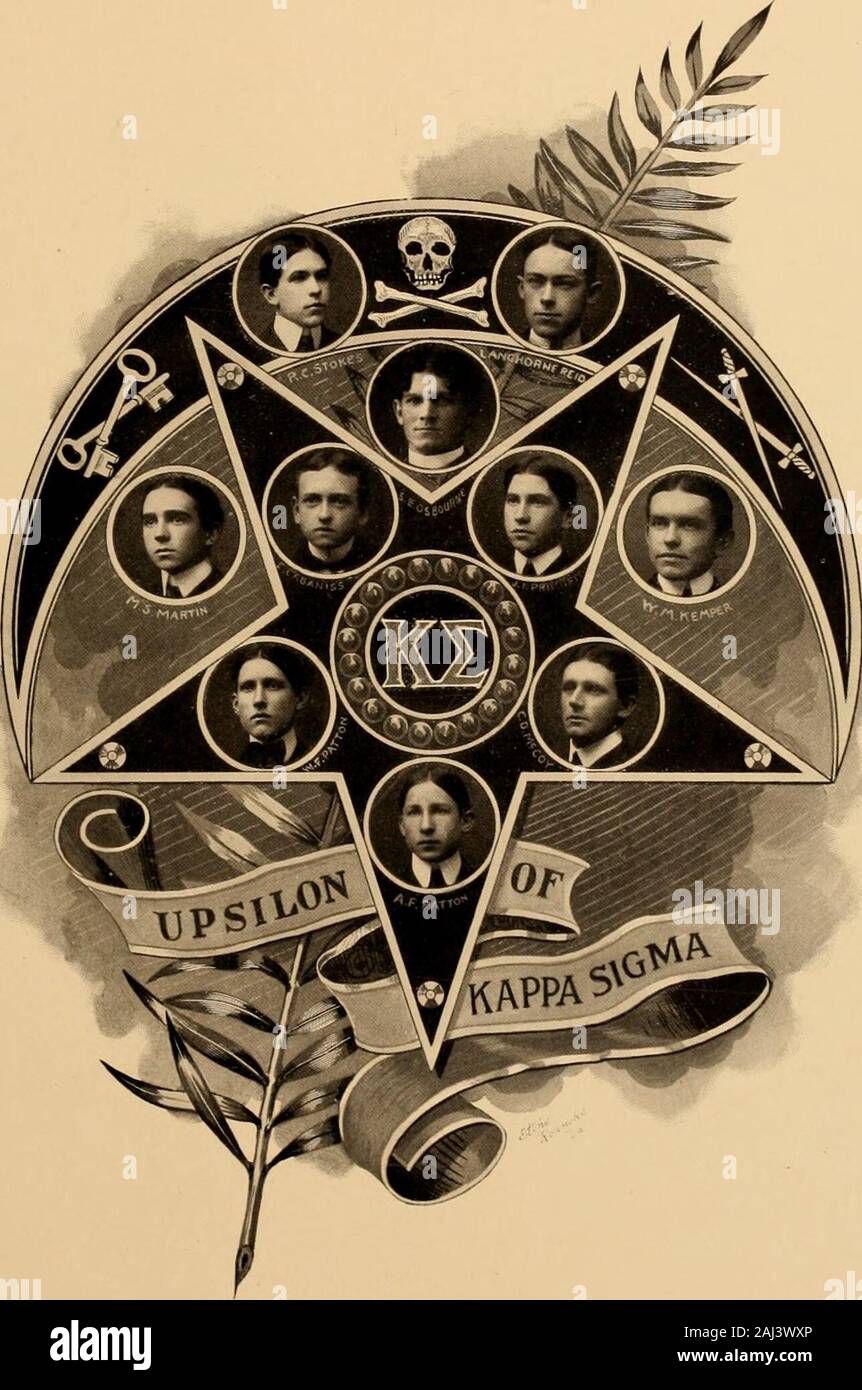 Kaleidoscope . Upsilon of Kappa Sigma. Founded at University of Virginia in  1865. Established, 1883. ColorsOld Gold, Maroon, and Peacock Blue. Official  Organ : Caduceus. Secret Organ : Star and Crescent. Fratres