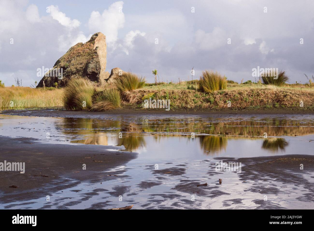 A rock formation reflected in the river at Whatipu Beach,Waitakere Ranges, Auckland, New Zealand. Stock Photo