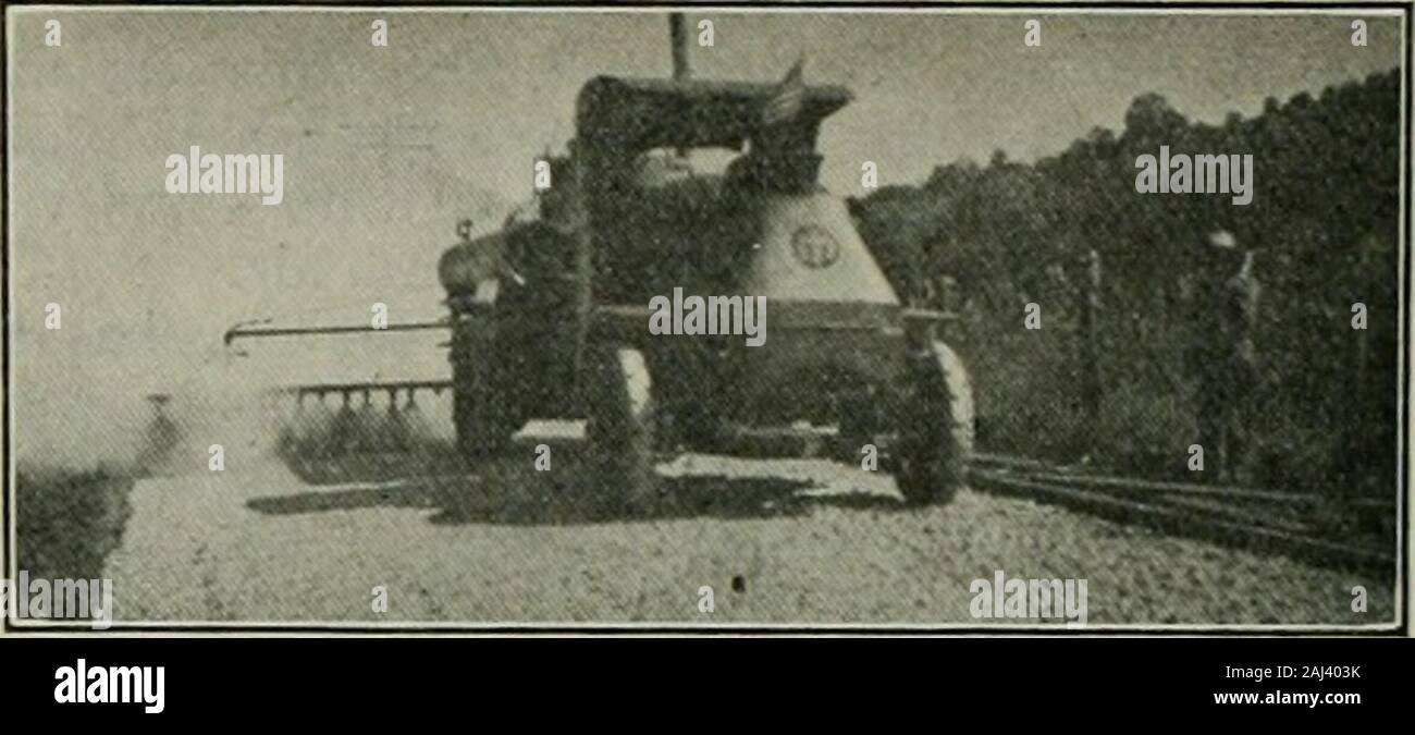 Public works . they were reported by the contractor to be verysatisfactory, economical and thoroughly depend-able. The stone in quarry No. 1 was crushed by aWestern heeled Scraper Co.s crusher No. 2 thathad a daily output of 150 cubic yards, and wasstored in an Austin 100-ton No. 4 bin. The best drilling record was 250 linear feet of134-inch holes 16 feet deep in 10 hours. The brokenstone was stored in bins that delivered to 2-yardAustin dump wagons hauled by 3-horse teams,which distributed the stone along the road. The road surface was asphalted by the Finleymethod, which permits one-half o Stock Photo