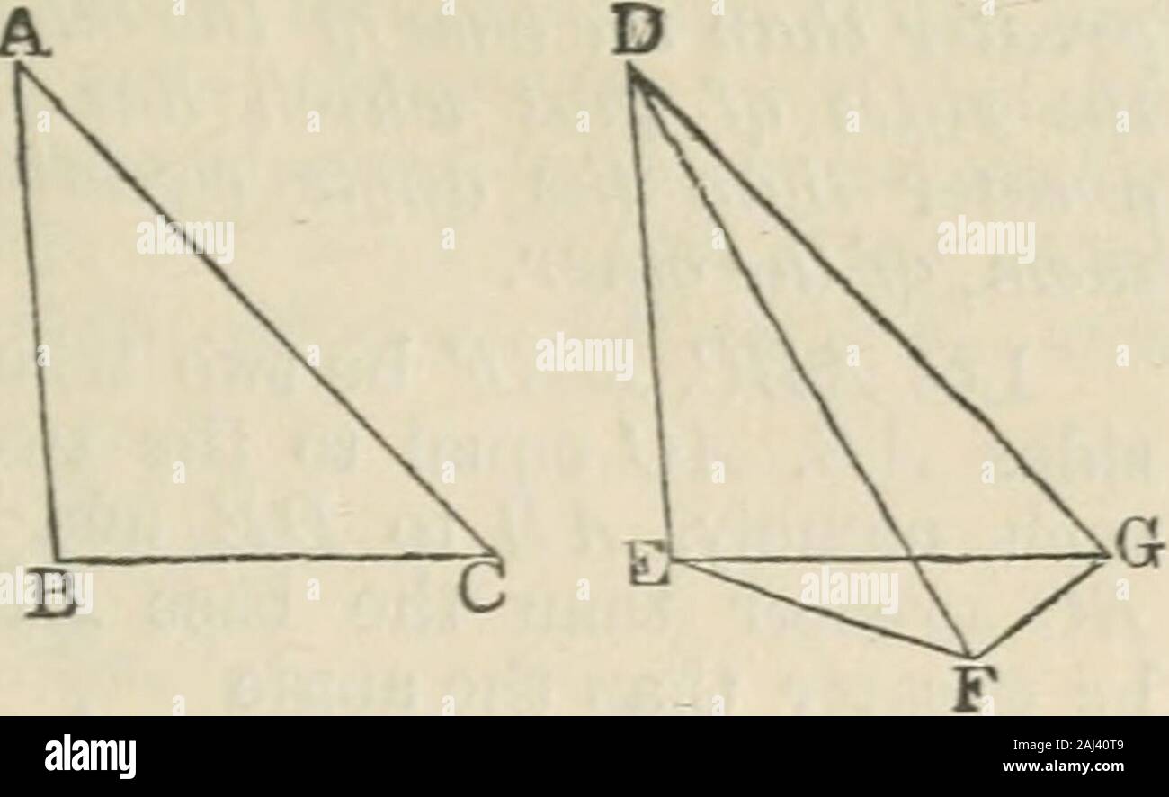 The elements of Euclid for the use of schools and colleges : comprising the first two books and portions of the eleventh and twelfth books; with notes and exercises . PROPOSITION 24. THEOREM. If two triangles have two sides of the one equal to ticosides of the other, each to each, but the angle contained hythe tico sides of one of them greater than the angle con-tained hy the two sides equal to them, of the other, the baseof that ichich has the greater angle shall he greater thanthe base of the oilier. Let ABC, DEF be two triangles, which have the twosides AB, AC, equal to the two sides DE, DF Stock Photo